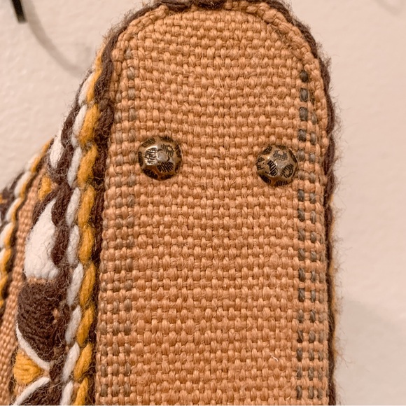 Vintage Handmade Burlap Embroidered Satchel Hand Bag Geometric Tan Brown Boho - Picture 11 of 15